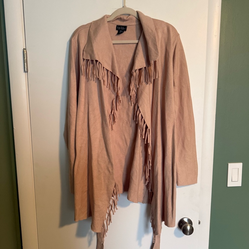 NICOLE MILLER BEIGE FRINGE CARDIGAN WITH BELT